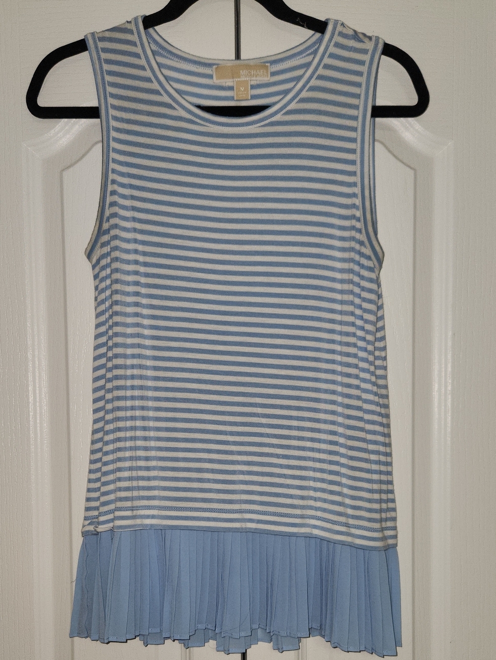 MICHAEL Michael Kors Light Blue Stripe Sleeveless Top with Pleated Hem